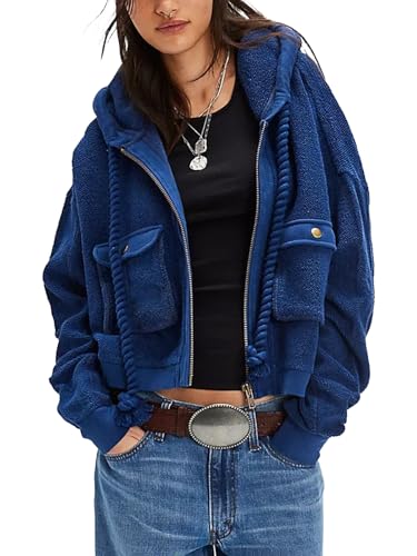 Women Texture Jacket Long Sleeve zipper Hooded Sweatshirt Fall Casual Cropped Drawstring Coat