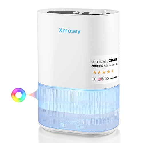 Xmosey Dehumidifier Premium Multifunctional - 2L Water Tank Dehumidifier for Basement, Bedroom,Bathroom, RV, Closet with Auto Shut Off, Sleep Mode,7 Colors LED Light, Dehumidifiers for Home (White）