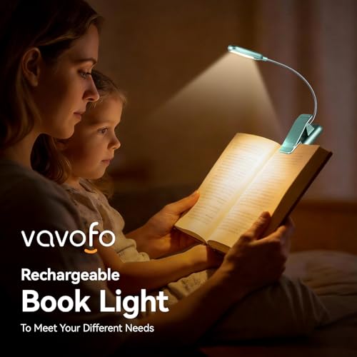 Image of VAVOFO Rechargeable Book Light for Reading in Bed Kids, 7 LED Reading Light with 9-Level Warm Cool White Daylight, Eye Care Lamp with Power Indicator for Bookworms (Silver Green)