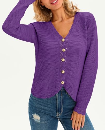 Image of Saodimallsu Womens V Neck Cardigan Sweaters Button Up Cropped Boho Knit Long Sleeve Loose Trendy Sweater Tops