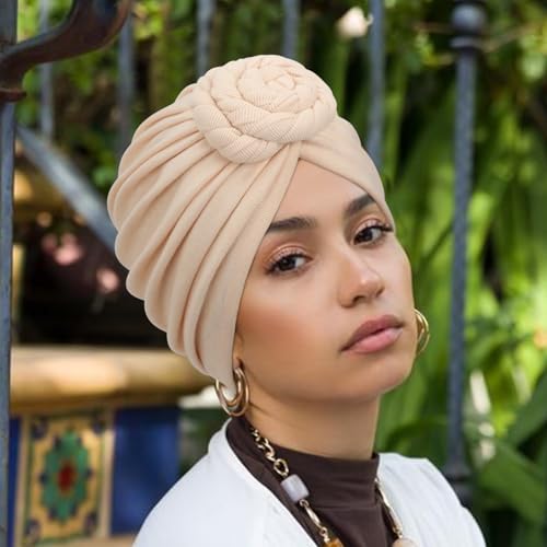 Image of DRESHOW 5 Pack Knotted Headwraps for Women African Turban Pre-Knotted Beanie Headwraps Hair Covers