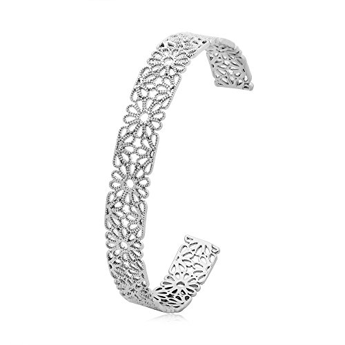 SENFAI Classic Daisy Flower Lace Bracelet Bangle Made of Soft Copper Adjustable 3 Tone Gift Box Free (Silver)