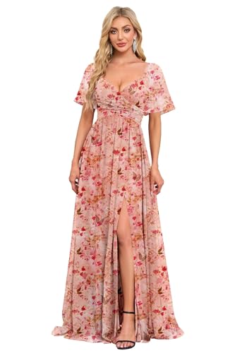 Image of Women's Flutter Sleeves Chiffon Bridesmaid Dresses with Slit Long A Line V-Neck Formal Party Dress with Pockets