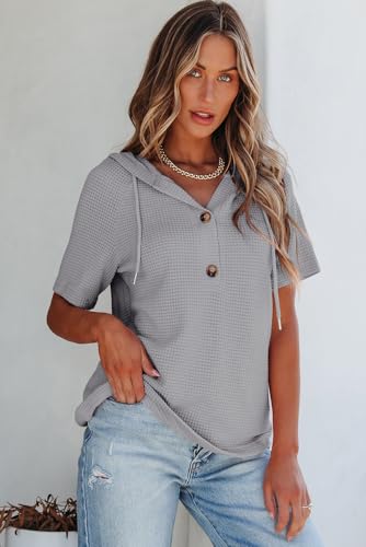 Image of Dokotoo Womens Summer Tops Waffle Knit Short Sleeve Lightweight Drawstring Hoodies Button V Neck Casual Blouses Shirts
