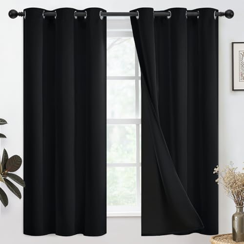 SimpleHome Black 100% Blackout Curtains Room Darkening Living Room 63 Inch
