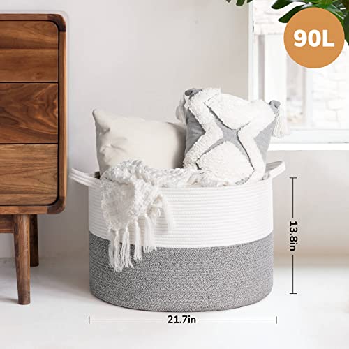 Indressme Large Storage Basket, 21.7'' X 13.8'' Cotton Rope Blanket Basket Living Room, Toy Organizers And Storage With Handles For Kids, Laundry Basket For Clothes, Towel, 90L Grey #TOP2