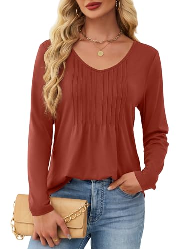 JUSTFASHIONNOW Fall Outfits for Women 2025 Pleated Caramel Long Sleeve Women's Tops V Neck Loose Fit Plus size T-shirt Thanksgiving Blusas Casuales de Mujer Bonitas (Caramel, X-Large) — view 5