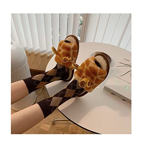 Fuzzy Slippers Women Kawaii Plush Furry Slip on House Slippers Cute Cotton Giraffe Winter Warm Slippers4