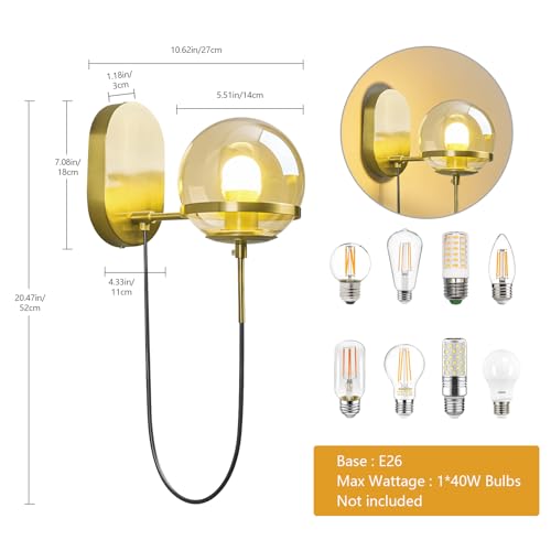 Image of Modern Amber Glass Wall Sconce Gold Wall Sconces Set of Two 5.51 in Glass Globe Wall Light Fixtures for Bedroom Bathroom Hallway Sconces Wall Lighting