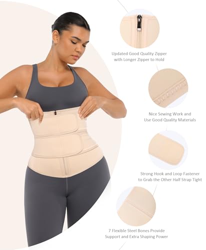 Image of FeelinGirl Waist Trainer for Women Belly Fat Long Torso Sauna Workout 2 Belt With Zipper 7 Steel Bones Corset