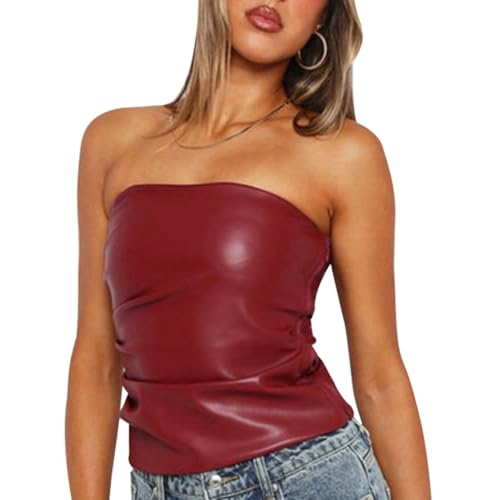 Women Soft Leather Tube Top Vest Sexy Ruched Strapless Bandeau Crop Top Asymmetrical Club Party Rave Corset Top T-Shirt