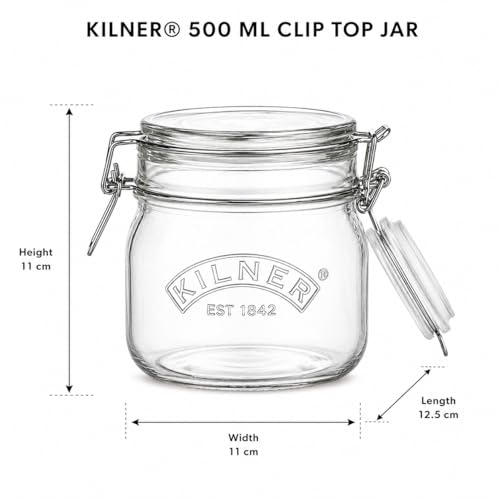Image of Kilner Premium 500ml Round Airtight Glass Jar with Clip Top Lid for Pickles, Jams, Chutneys, Yougurt | Transparent, Reusable Multipurpose Kitchen Storage Container