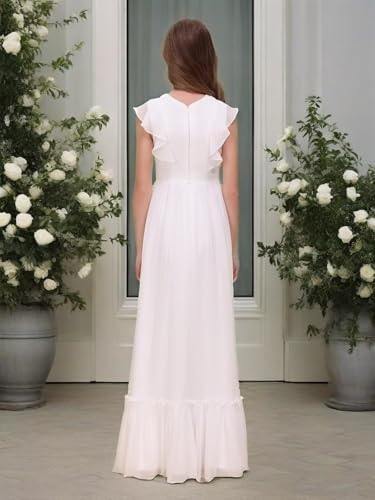 Chiffon Junior Bridesmaid Dress for Wedding Ruffle Sleeves Crew Neck Long Belt Party Formal Flower Girl Dress2