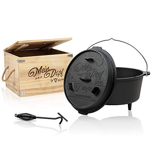 BBQ-Toro Dutch Oven ++ Mein Dopf ++ | Sonderedition mit Holzkiste und Deckelheber + kleine Überraschung | bereits eingebrannt – preseasoned | Gusseisen Kochtopf | Bräter mit Deckel
