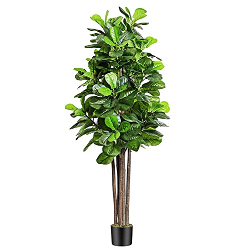 6ft Artificial Fiddle Leaf Fig Tree with 168 Leaves 6 Tree Trunks, Large Faux Ficus Lyrata Tall Fake Tree Floor Plant in Pot for Indoor Home Living Room Office Outdoor Decor (Moss Included)