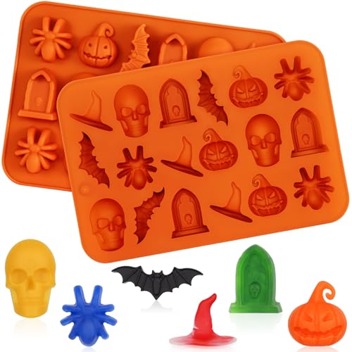 Image of 2 Pack Halloween Silicone Molds, Halloween Chocolate Molds, 3D Spider Skull Pumpkin Bat Mold for DIY Gummies Jello Ice Cube Jelly Chocolate Candy Cakes Decorations (Orange)