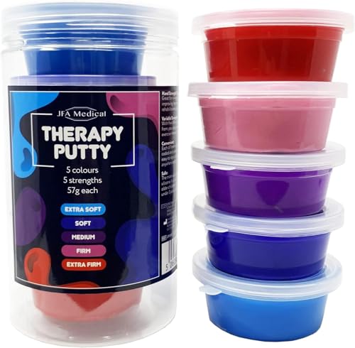 JFA Medical Therapieknete 57g, 5 verschiedene Stärken, 5 alternative Farben, Putty für Handtraining, Therapie Knetmasse Knete