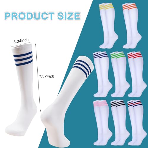8 Pairs Neon Knee High Socks,8 Colors Striped Soccer Sock Long White Stockings Skate Skating Hosiery Soccer Athletic Football Basketball Softball Dance Knee High Socks for Men Women Girl2