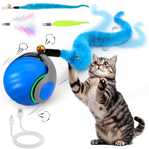 Interactive Cat Toy Ball - Speedy Cat Toys for Indoor Cats with Feather Tails for Chasing, Moving Stimulation Smart Cat Toy for Enrichment, Motion Activated Automatic Rolling Toys to Keep Them Busy