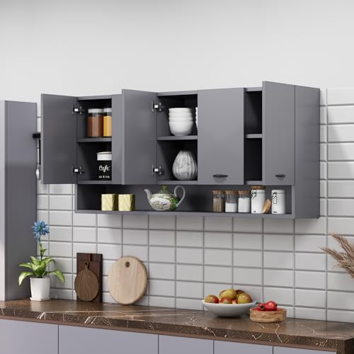Image of Bniture Engineered Wood Wall-Mount Kitchen Cabinet | Modular Kitchen Storage Cabinet with Shelves & 5 Doors | Space-Saving Wall Cabinet for Kitchen (Slate Grey)