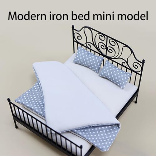 Cama doble de muñecas para decorar un dormitorio miniatura 1/12 4