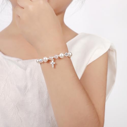 Pearl Cross Bracelets for Girls, Sterling Silver Baby Bracelet, Baptism Gifts for Girl, Christening and First Communion Christian Jewelry Gift for Kids4