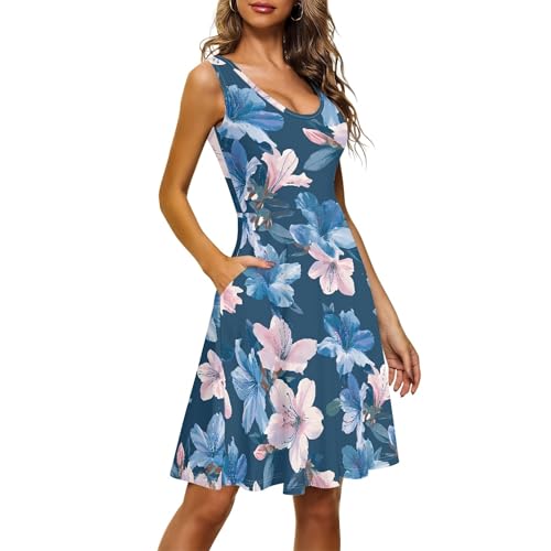 Image of TOADDITDO Women's Sleeveless O Neck Beach A-Line Party Coctail Tank Dresses Flared Sundress