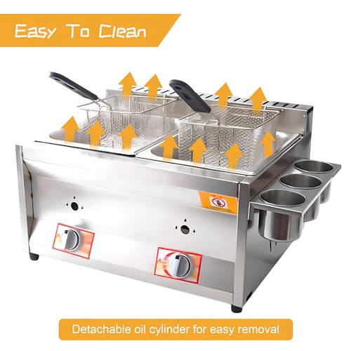 Kommerzielle LPG-Gas-Fritteuse mit 2 Tanks mit 10 L x 2/3 Korb und Deckel, Edelstahl, große Kapazität, Propan, LPG mit Metallrohr, für Pommes Frites, Zuhause, Küche, Restaurant (2 Körbe) – Bild 4