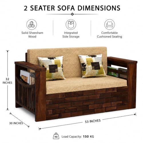 Image of Douceur Furnitures Solid Sheesham Wooden 2 Seater Sofa Cum Bed with Mattress & 2 Cushion and Side Pockets,Wood Foldable Convertible Sofa Diwan Cum Bed for Living Room and Bedroom,Walnut Finish