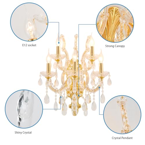 Image of YLONG-ZS Large Modern Crystal Wall Lights - 5 Lights Wall Lamp Chandelier Light Fixtures, Gold Wall Mounted Sconce for Hotel, Living Room, Hall, Lobby