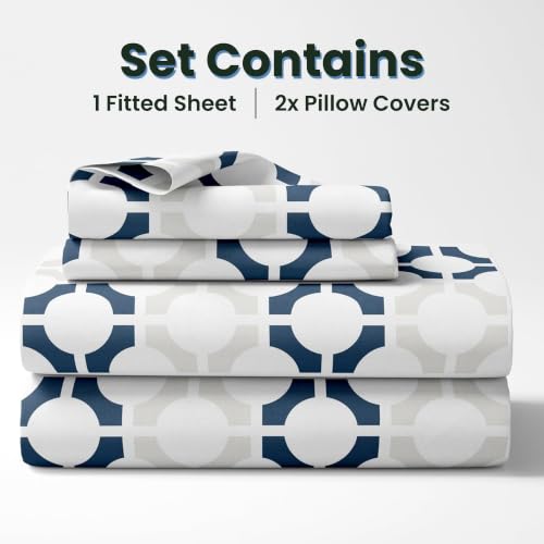 Image of LORETO - A QUALITY LINEN BRAND 144 TC 100% Pure Cotton King Size Fitted Bedsheet with 2 Pillow Covers for 72 x 72 Inch Mattress, All-Around Elastic, 8 Inch Deep Pocket, Colonial Blue Matrix