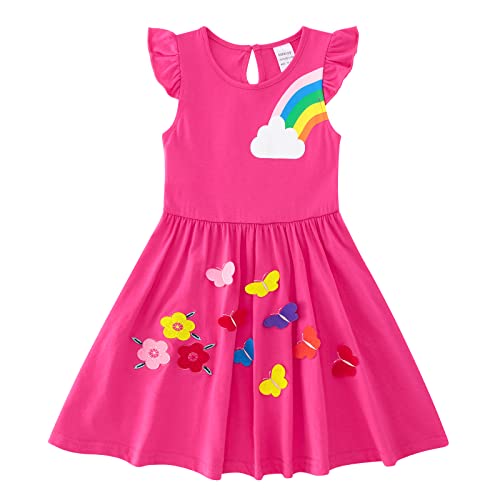 Image of SFreeBo Girls Dresses 3-4 Girls Rainbow Dress Toddler Girls Cotton T-Shirt Dress Kids Summer Casual A-line Dress with Flower Embroidery