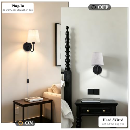 Image of LASENCHOO Plug in Wall Sconces Set of Two, Black Bedside Wall Lamps Lights | Vintage Wall Lights for Bedroom Living Room Hallway Entryway Porch, Plug in Cord 6.56ft, On /Off Switch, Fabric Lampshade, E26