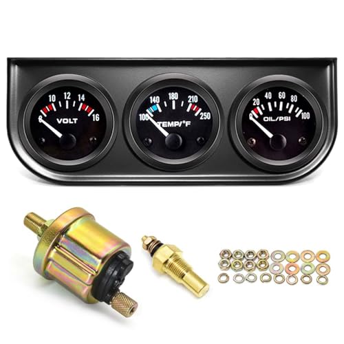 Teleenzoon YBP-000 2"52Mm Triple Gauge Set Car Gauge Cluster(8-16V Volt Meter+100-250℉ Water Temperature Gauge+0-100Psi Oil Pressure Gauge),3 In 1 Car Auto Gauge Kit Dashboard cover