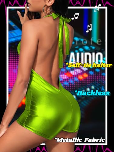 Image of EHSUYAB Sexy Metallic Bodycon Romper, Tie Halter, One Piece Backless Club Outfit