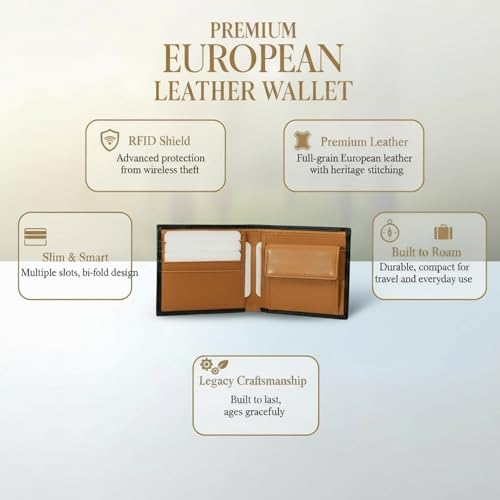 Image of Wildebeast Full-Grain Brown European Leather Wallet for Men - RFID Blocking Slim Bifold with ID Window, Card Slots & Coin Pocket, Eco-Tanned Leather, Stylish Gents Purse, Gift for Men - The Frontier
