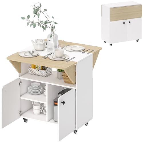 HOMCOM Esstisch Klappbarer Mobiler Küchentisch für 2-4 Personen, Klapptisch mit Rolle, Stauraum, Esszimmertisch für Kleine Räume, Esszimmer 70 x 83 x 75 cm, Weiß+Naturholz