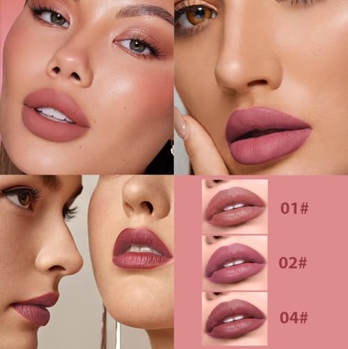 Image of Matte Lipstick Crayon Set, Muted Nude Brown & Dusty Rose Mauve & Deep Rosewood - Waterproof Long Lasting Lip Liner Pencil, High Pigment Creamy Velvet Lipstick, Non-Drying Lip Color for Women, 01+02+04