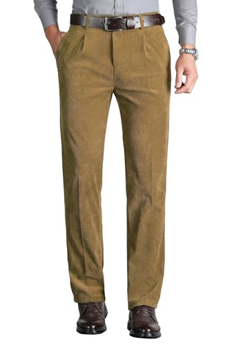 KTWOLEN Pantalones de Pana para Hombre Pantalones de Traje Negocios Pantalón de Pana Informales Clásico Recto Pantalones Moda Cálido Oficina, Caqui, 32