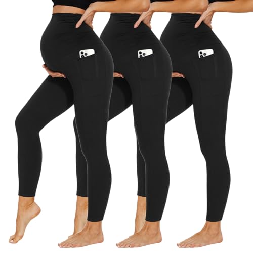 DDOBB Leggings de grossesse pour femmes avec poches Taille haute Pantalon de grossesse en tissu opaque Leggings de maternité souples et élastiques Vêtements de grossesse pour la maison Yoga Sport