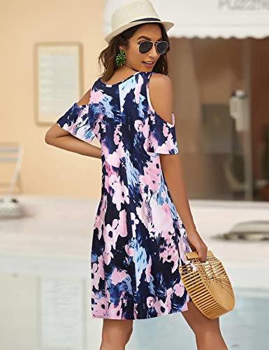 Image of Bluetime Women Cold Shoulder Summer Dress Short Sleeve Beach Casual Loose Swing Dress
