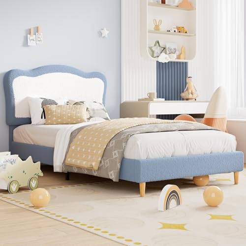 GarveeHome Upholstered Twin Bed Frame for Kids with Scallop Headboard, Cute Velvet Twin Bed for Girls, Boys, Sturdy Platform Bed, No Box Spring Needed, Wooden Slats, Noise Free, Blue White
