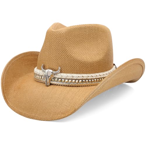 Image of WQWOVRVO Cowboy Hat,Cowgirl Hat,Western Cowboy Hats for Women /Mens /Straw Wide with Shapeable Brim Cowboy Hat for Womens