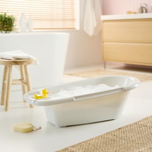 Rotho Babydesign Bella Bambina Badewanne - Stilvolle Weiße Babybadewanne für Kinder - Geräumige und Praktische Duschbadewanne für Sicheres und Bequemes Baden