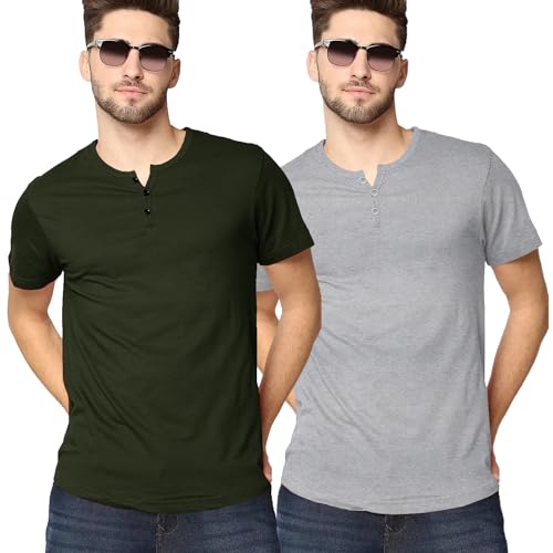 Image of LAZYCHUNKS Henley Neck Men's Cotton Half Plain Sleeves Slim Fit T-Shirt | Round Neck Men's Tshirt | Solid Colors | Summer Wear | - Multicolor