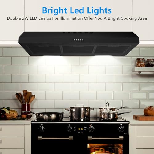 Upgraded 600 CFM Range Hood 36 inch, Black Under Cabinet Range Hood for Duct/Ductless Convertible, Stainless Steel Kitchen Stove Vent with 3 Speed Kitchen Exhaust Fan and Two Bright Energy-Saving LED