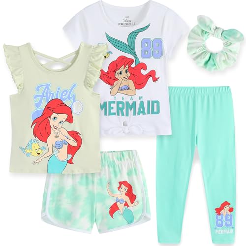Image of Disney Minnie Mouse Little Mermaid Girls 5 Piece Set with 2 Tops, Leggings, Shorts & Scrunchie for Toddlers & Big Kids