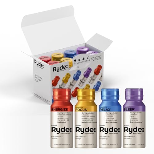 Image of Ryde Discovery Pack | Energize, Focus, Relax & Sleep Shots | Green Tea Caffeine, Ginseng, B Vitamins, L-Theanine, Lemon Balm, Chamomile, Melatonin | 0 Calories, 0 Sugar | Variety Pack (8 Pack)