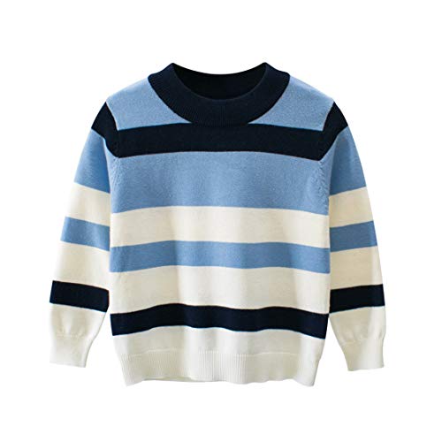 Children Baby Boy Girls Casual Knitted Sweater Cardigan Autumn Spring O-Neck Stripes Crochet Coat Top (Blue,6-7 Years)
