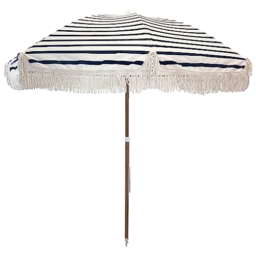 Tassel Beach Umbrella 7 Foot – Designer Umbrella Fringed Tassels – Wood Grain Steel Pole – Tilt Function – Ground Stake - UPF 50+ UV Sun Protection - Exotic Tan Color Striped – Carry Bag